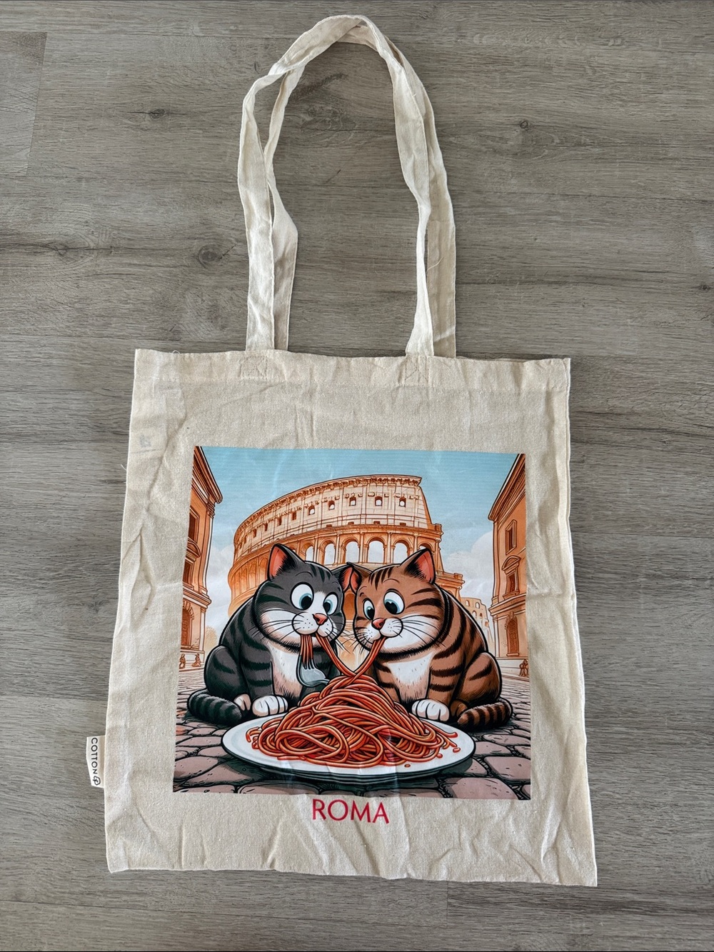Noodle Cat Tote Bag Roma Italy Eating Spaghetti Graphic Kittens Cotton